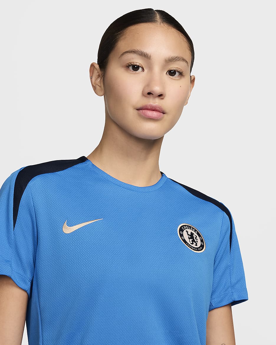 Chelsea F.C. Strike Women's Nike Dri-FIT Football Short-Sleeve Knit Top - Light Photo Blue/Light Photo Blue/Obsidian/Guava Ice