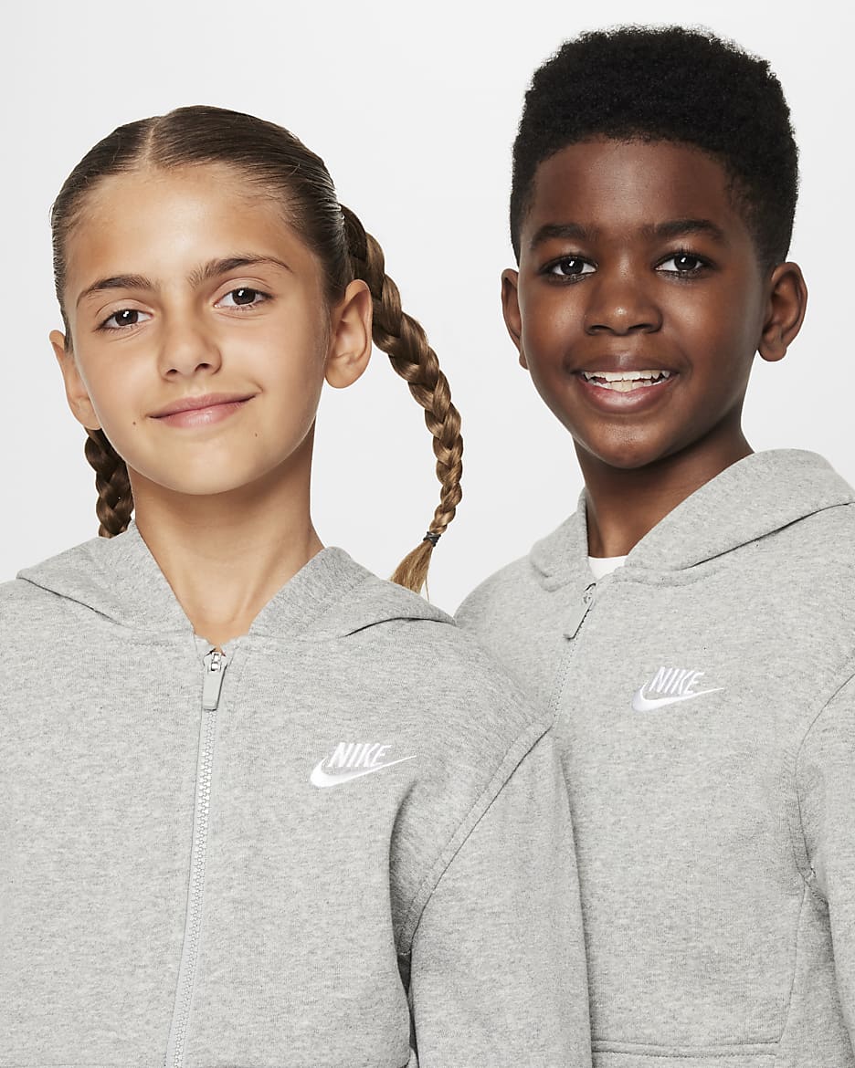 Nike Club Fleece Big Kids' French Terry Full-Zip Hoodie - Dark Grey Heather/Base Grey/White