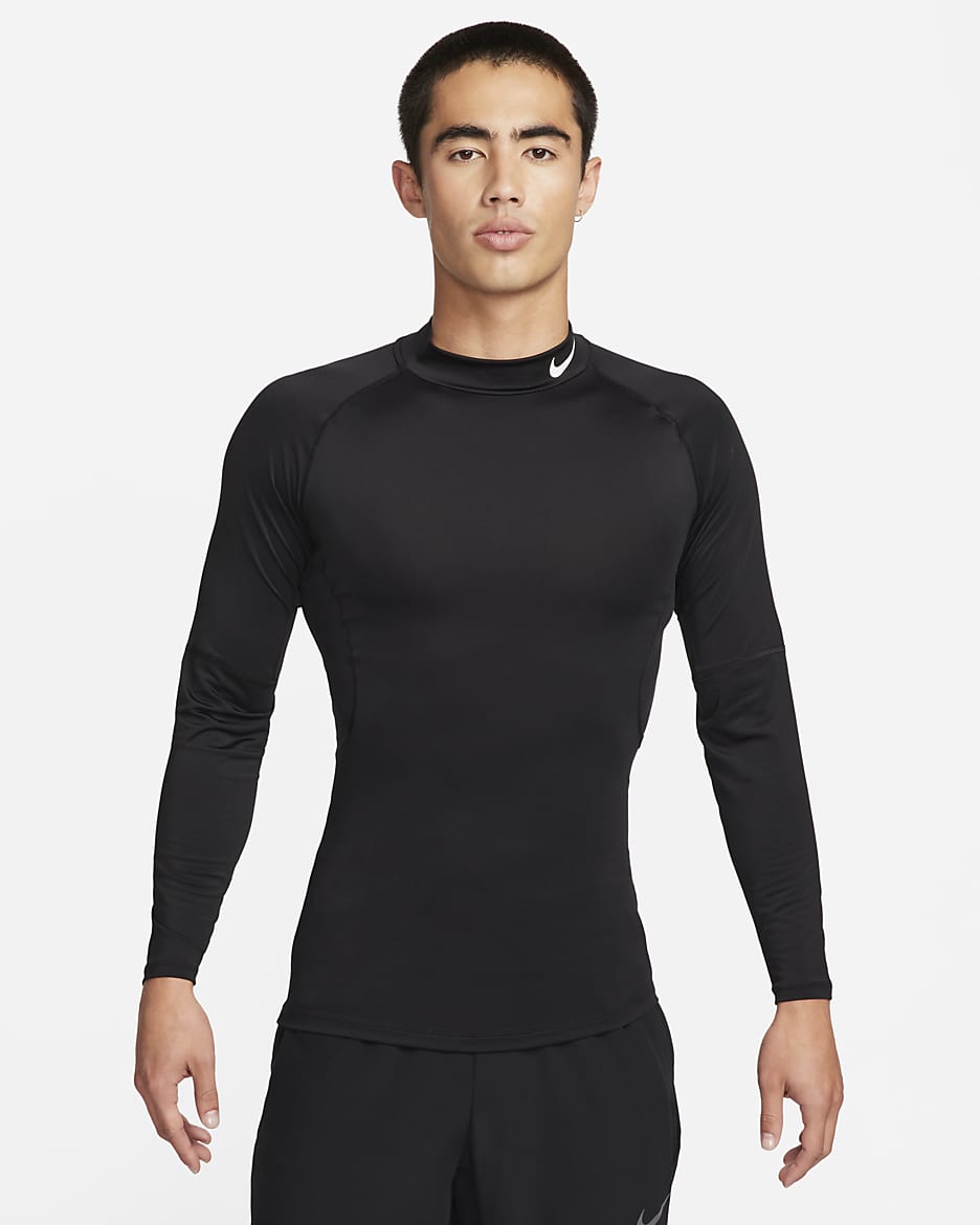 ナイキ プロ メンズ Dri-FIT フィットネス モックネック ロングスリーブ トップ - ブラック/ホワイト