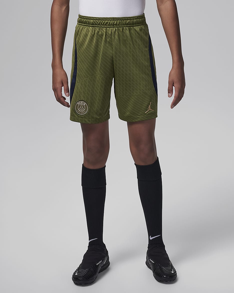 Paris Saint-Germain Strike Vierde Jordan voetbalshorts met Dri-FIT voor kids - Rough Green/Dark Obsidian/Hemp