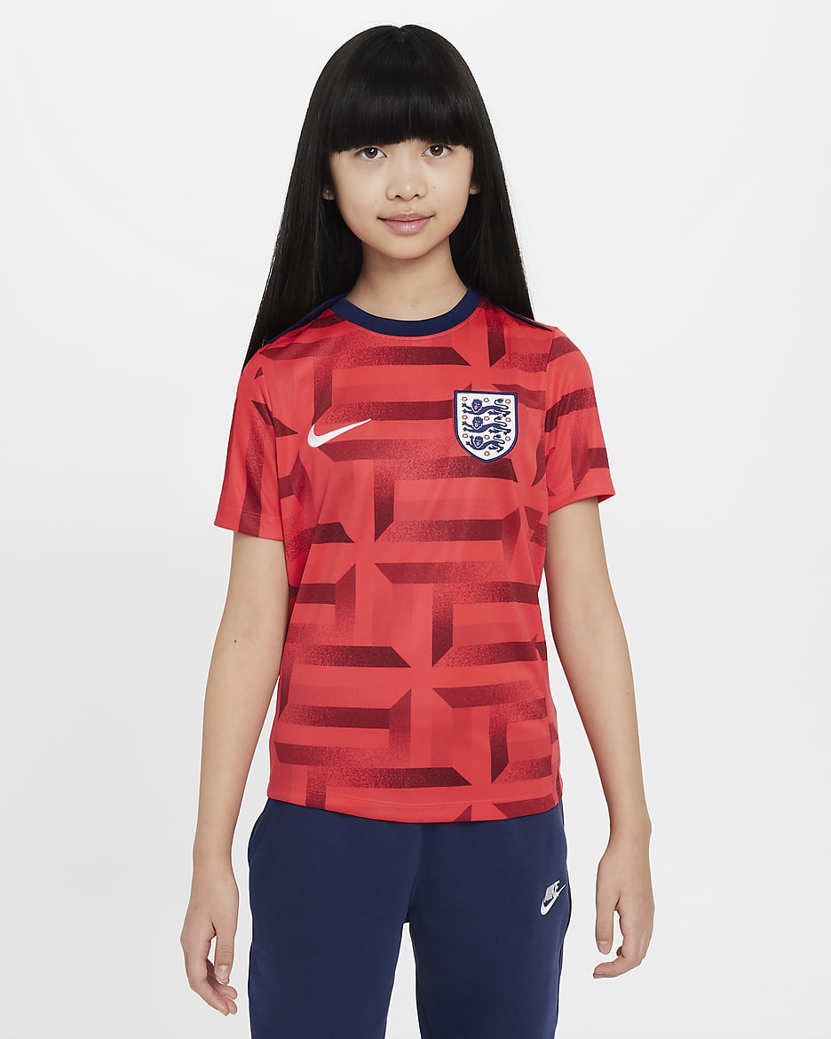 Haut de foot d'avant-match à manches courtes Nike Dri-FIT Angleterre Academy Pro pour ado - Siren Red/Blue Void/Blanc