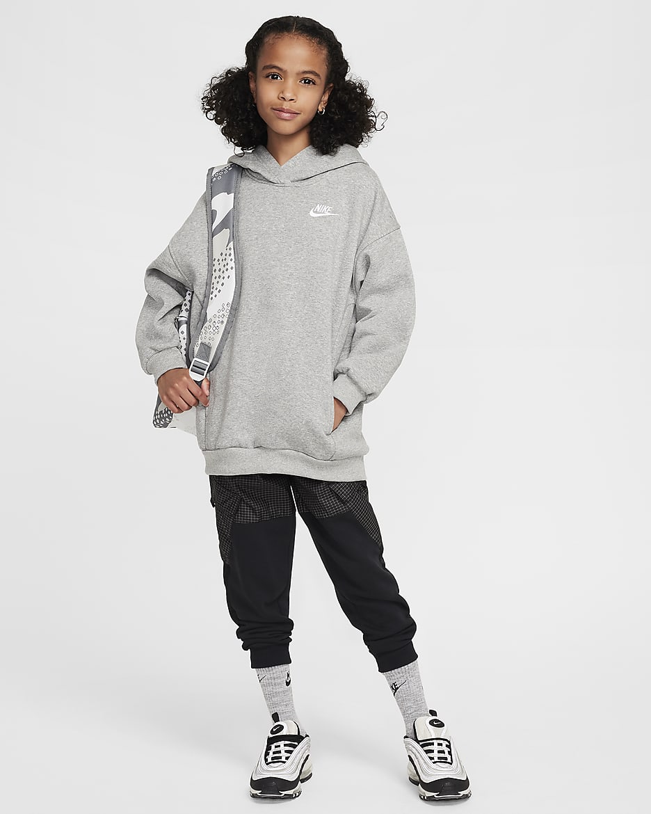 Nike Sportswear Club Fleece Big Kids' Oversized Pullover Hoodie - Dark Grey Heather/White