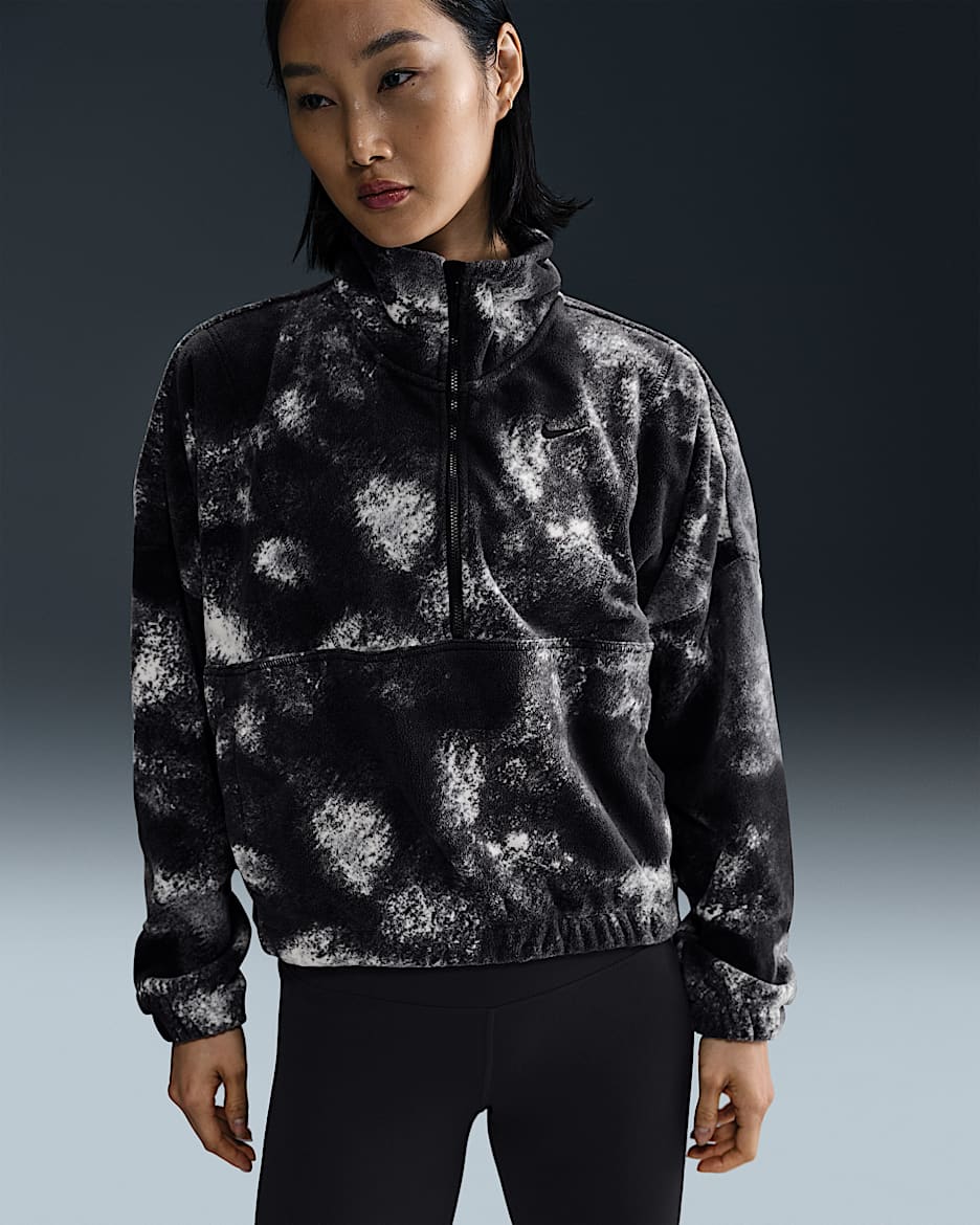 Nike One Women's Therma-FIT Oversized 1/2-Zip Fleece Printed Top - Black/Black