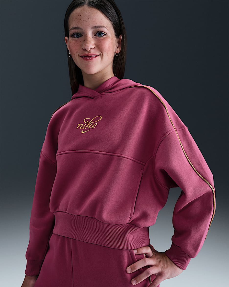 Nike Sportswear Club Fleece Boxy huvtröja för ungdom (tjejer) - Sweet Beet/Metallic Gold