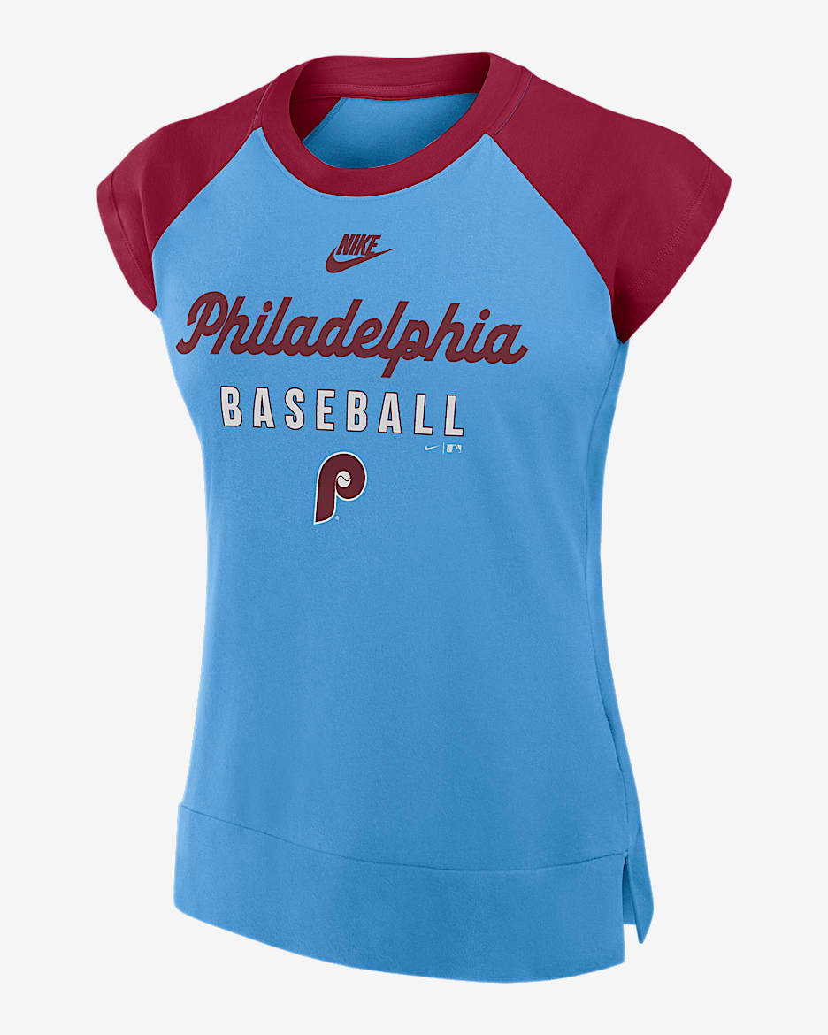 Playera de media manga Nike Dri-FIT de la MLB para mujer Philadelphia Phillies Cooperstown - Azul claro