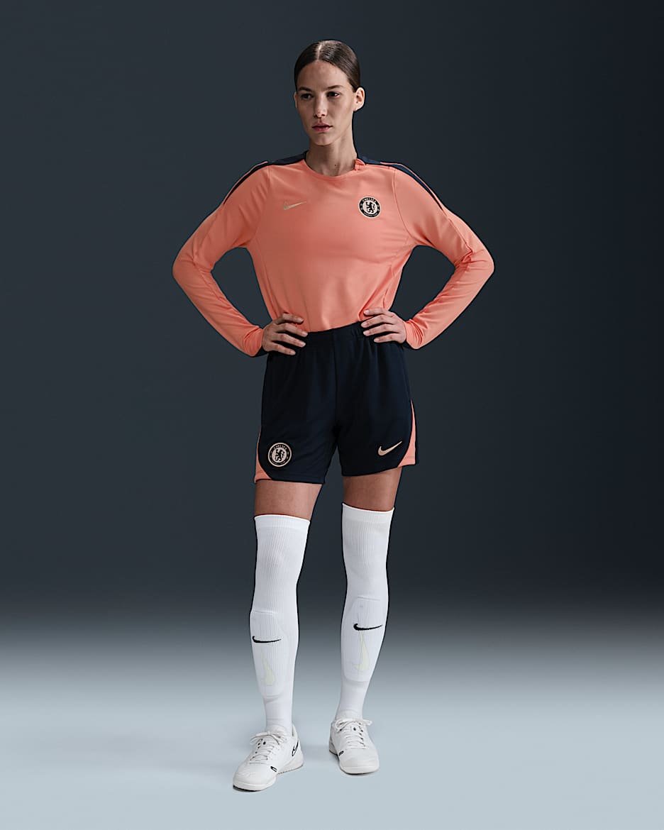 Chelsea F.C. Strike Special Edition Women's Nike Football Knit Shorts - Obsidian/Apricot Agate/Guava Ice