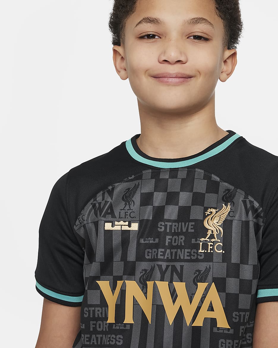 LeBron x Liverpool F.C. Stadium Older Kids' Nike Dri-FIT Replica Football Shirt - Black/Washed Teal/Truly Gold