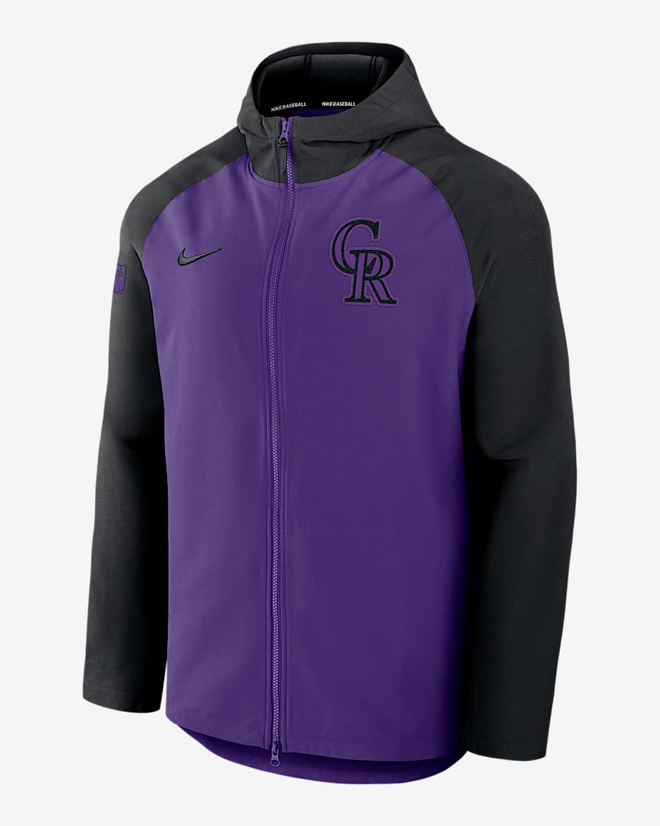 Chamarra Nike Therma de la MLB de cierre completo para hombre Colorado Rockies Authentic Collection - Morado