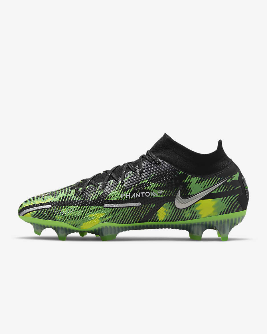 Calzado de fútbol para terreno firme Nike Phantom GT2 Elite Dynamic Fit FG - Negro/Verde strike/Platino metalizado