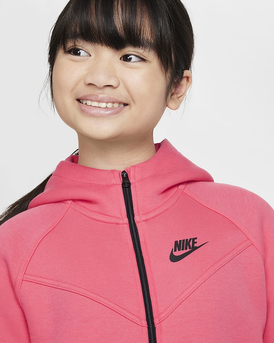 Mikina s kapucí a dlouhým zipem Nike Sportswear Tech Fleece pro větší děti (dívky) - Aster Pink/Černá/Černá