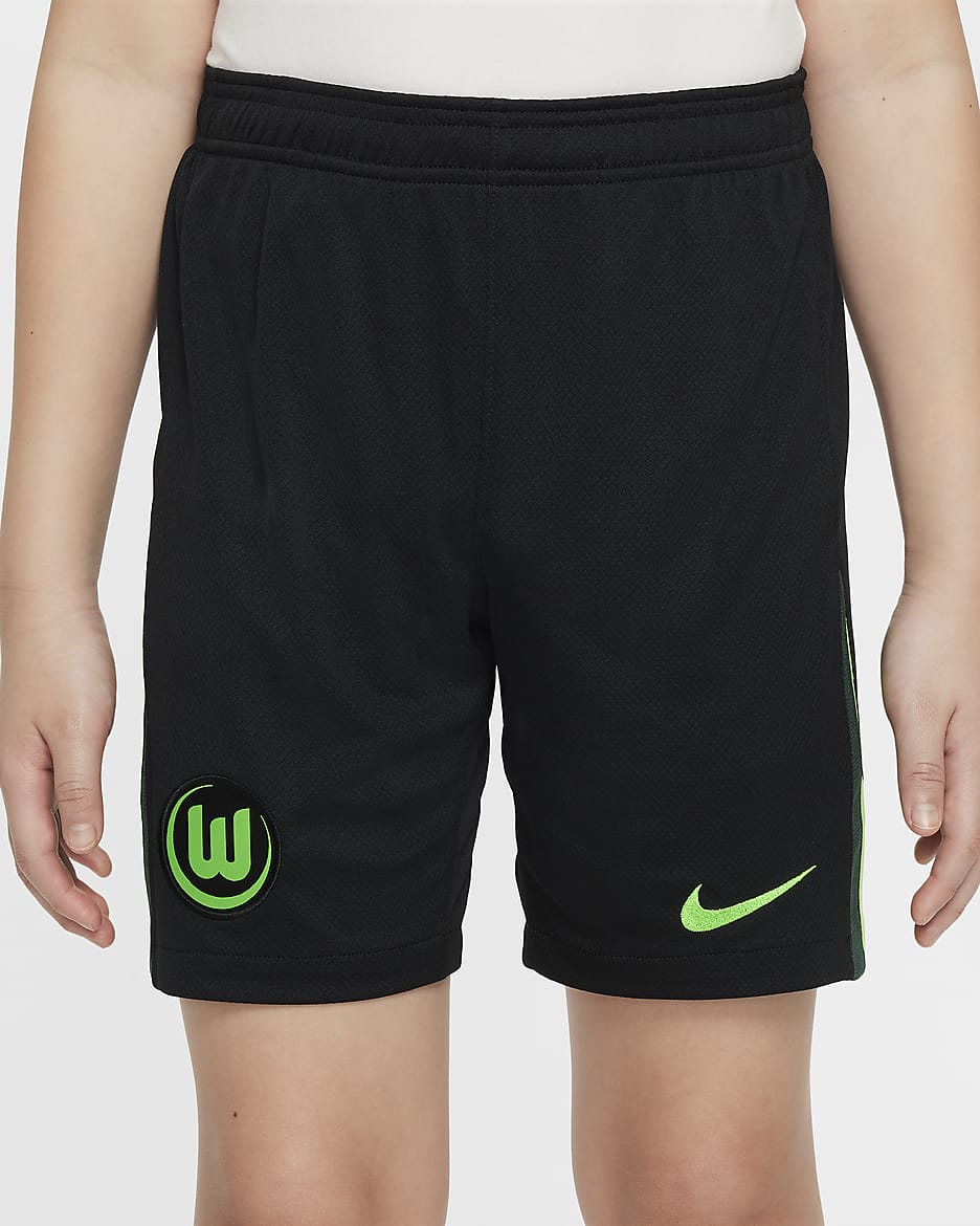 Primera y segunda equipación Stadium VfL Wolfsburgo 2024/25 Pantalón corto de fútbol de réplica Nike Dri-FIT - Niño/a - Negro/Pro Green/Sub Lime