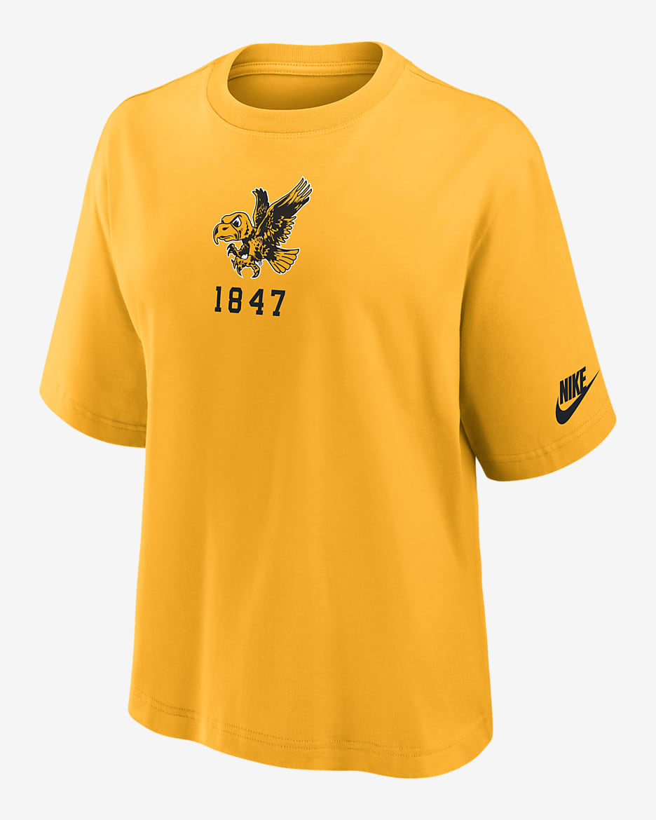 Iowa Hawkeyes Legacy Established Boxy Playera universitaria Nike para mujer - Oro
