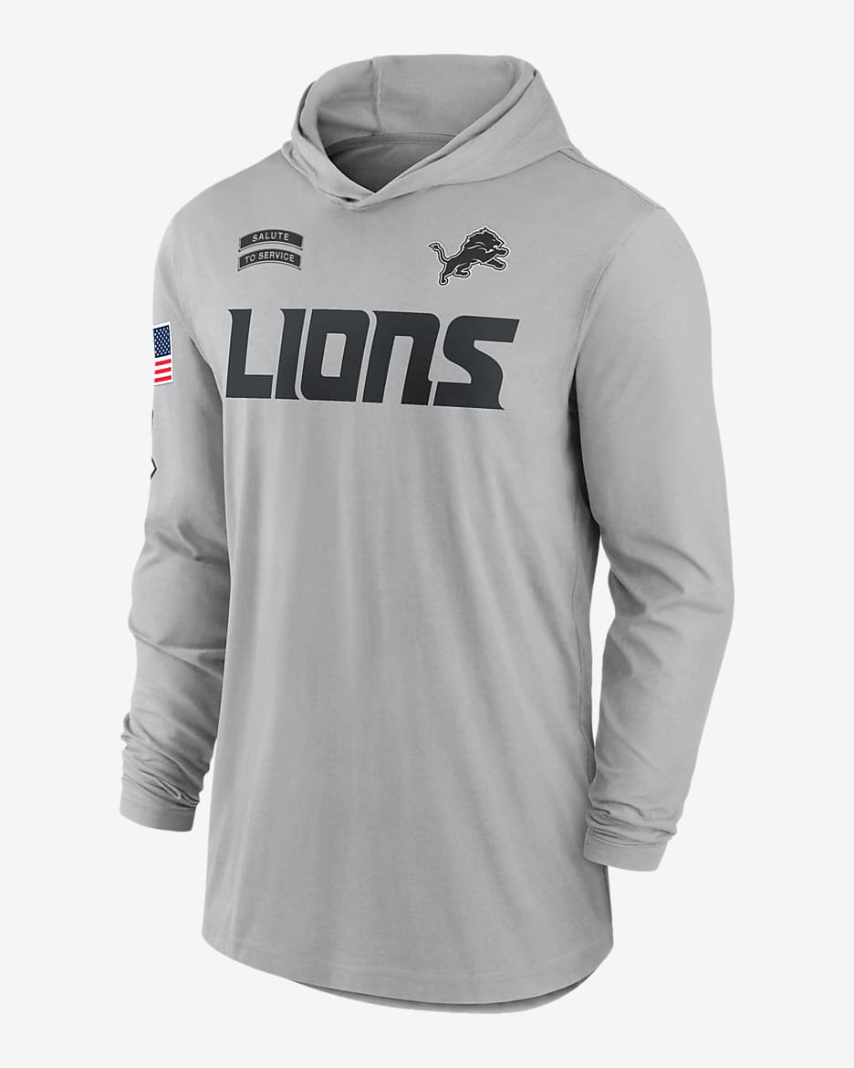 Detroit Lions Salute to Service Edge Mascot Lockup Men’s Nike Dri-FIT NFL Long-Sleeve Hooded Top - Flat Silver