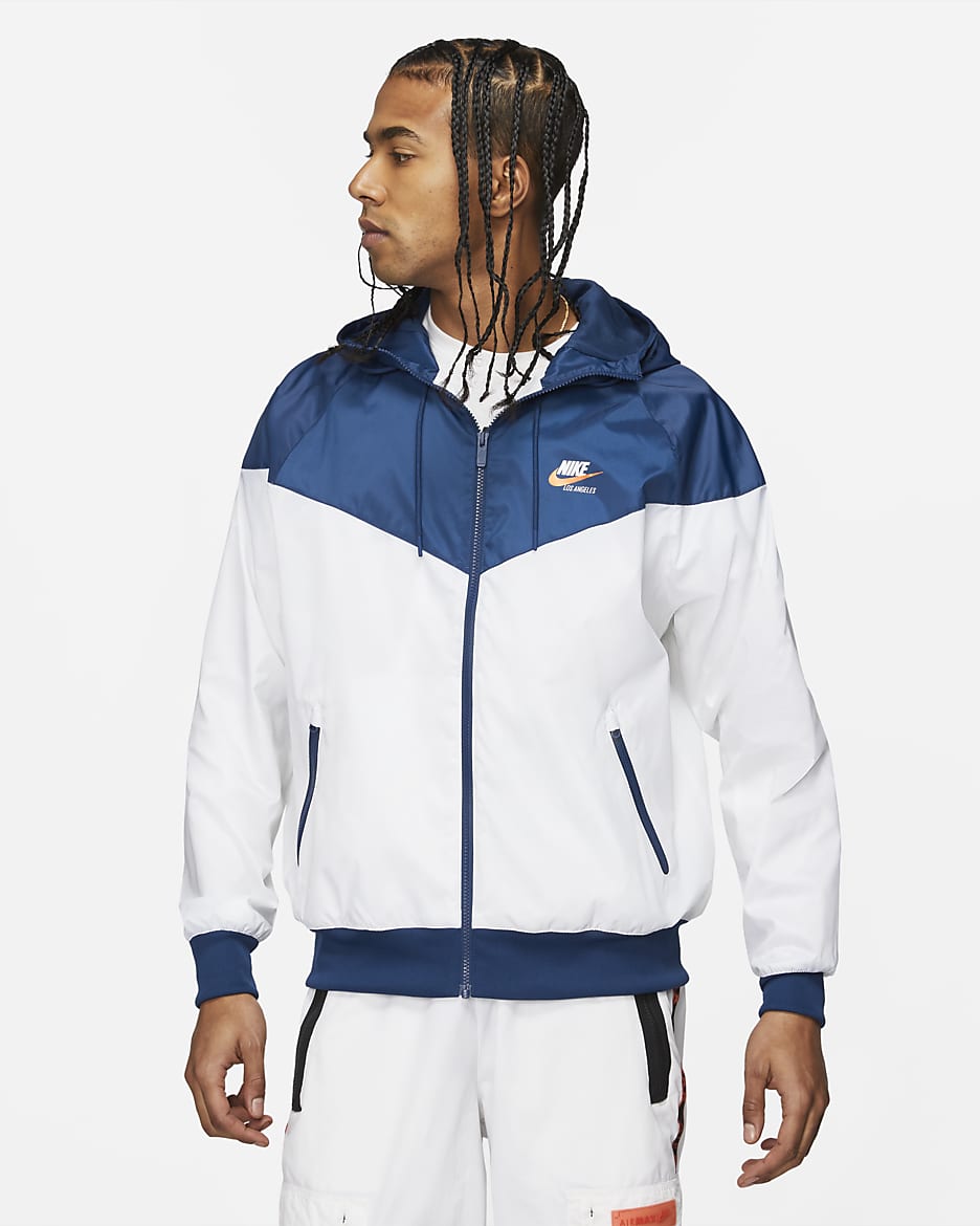 Chamarra con capucha para hombre Nike Sportswear Heritage Essentials Windrunner - Blanco/Azul de la costa