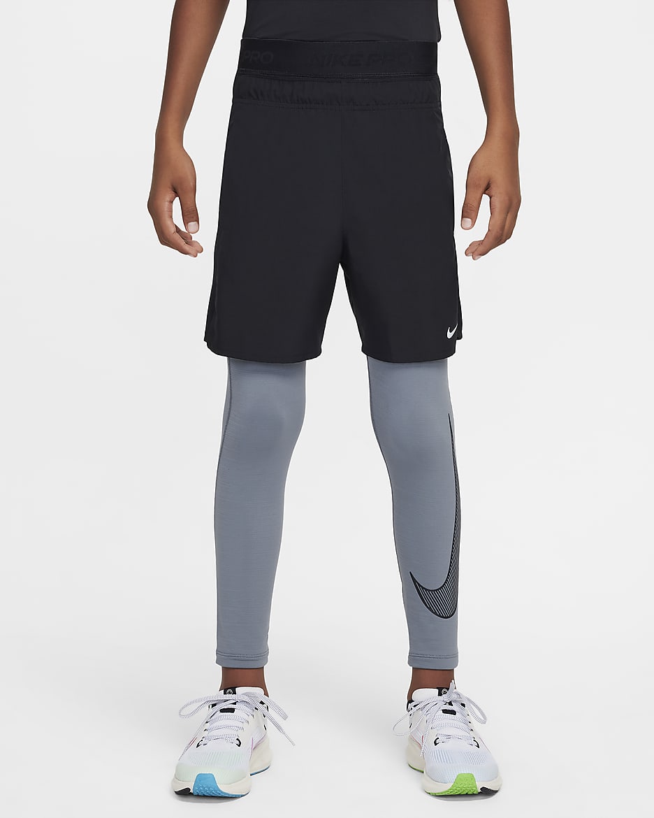 Nike Pro Warm Big Kids' (Boys') Dri-FIT Training Tights - Smoke Grey/Black
