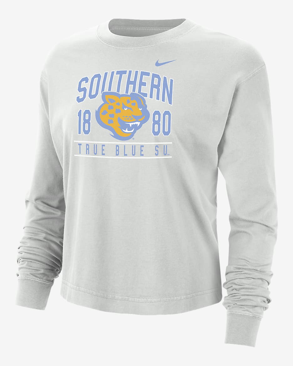 Playera de manga larga universitaria Nike de corte cuadrado para mujer Southern - Polvo fotón