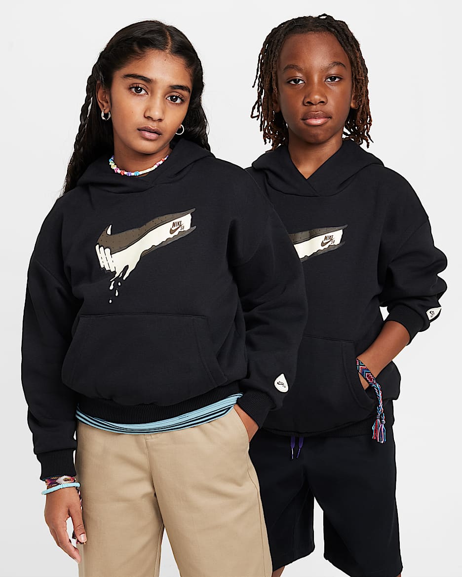 Nike SB EasyOn Older Kids' Oversized Pullover Skate Hoodie - Black/Safety Orange