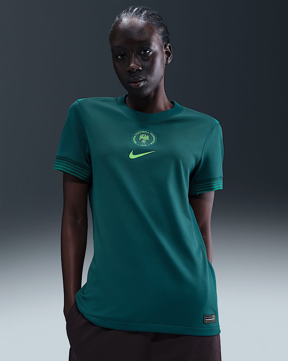 Primera equipació Stadium Nigèria 2025 (selecció femenina) Samarreta de futbol Replica Nike Dri-FIT - Dona - Blau verd intens/Mardi Gras/Green Strike