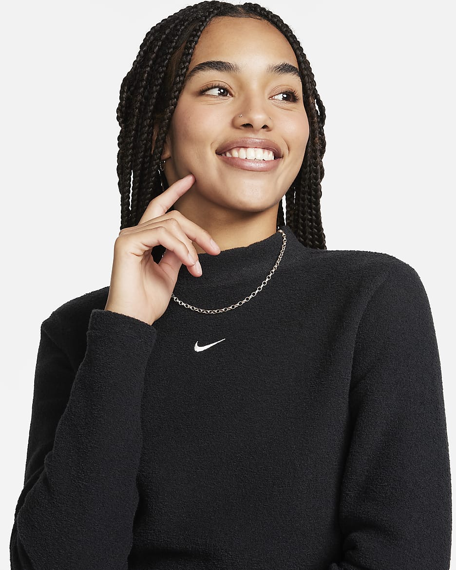 Nike Sportswear Phoenix Plush verkürztes Longsleeve Fleece-Oberteil mit Stehkragen für Damen - Schwarz/Sail