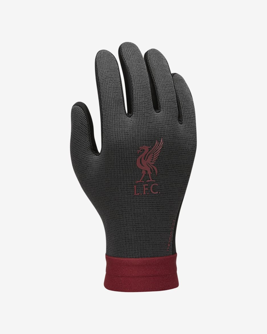 Liverpool F.C. Academy Kids' Nike Therma-FIT Football Gloves - Black/Dark Smoke Grey/Team Red