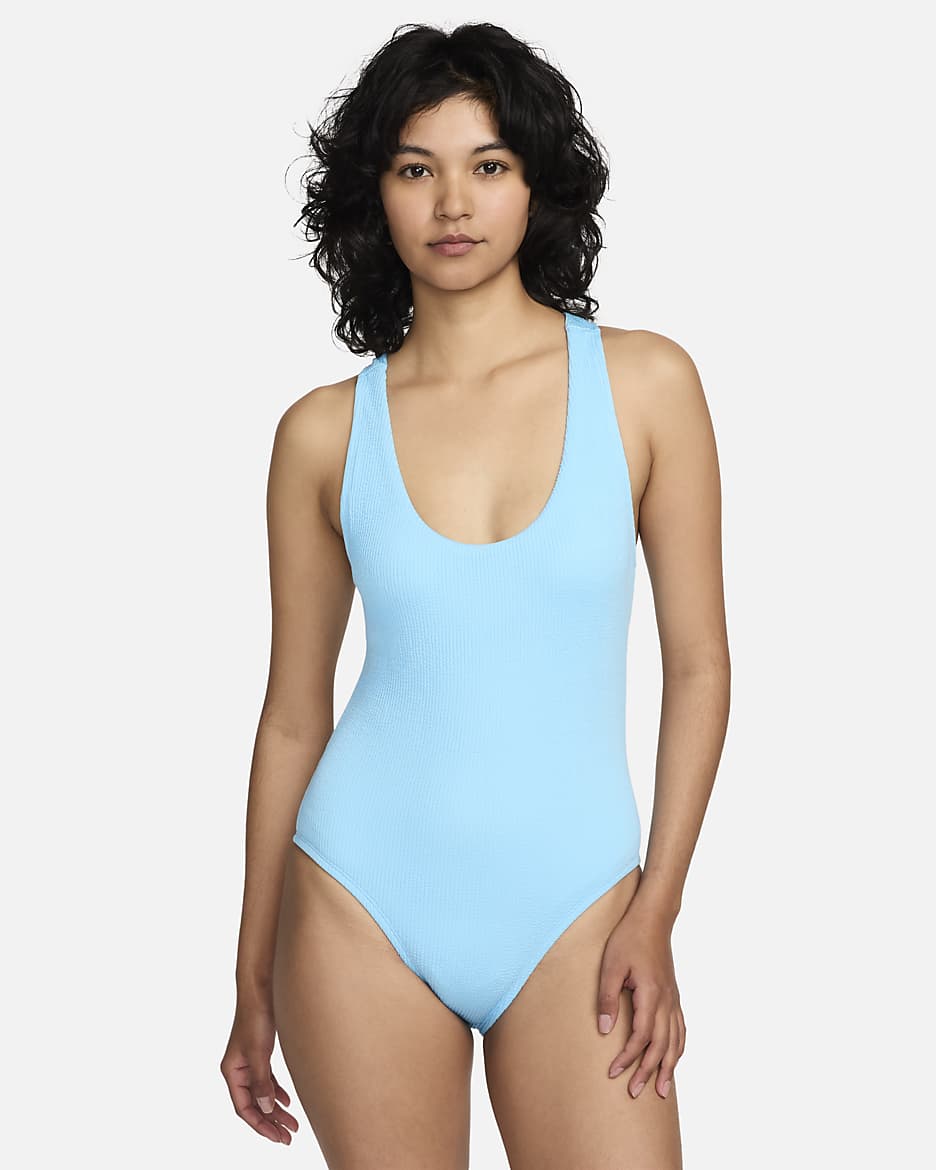 Traje de baño de una sola pieza con espalda cruzada para mujer Nike Swim Elevated Essential - Azul acuario