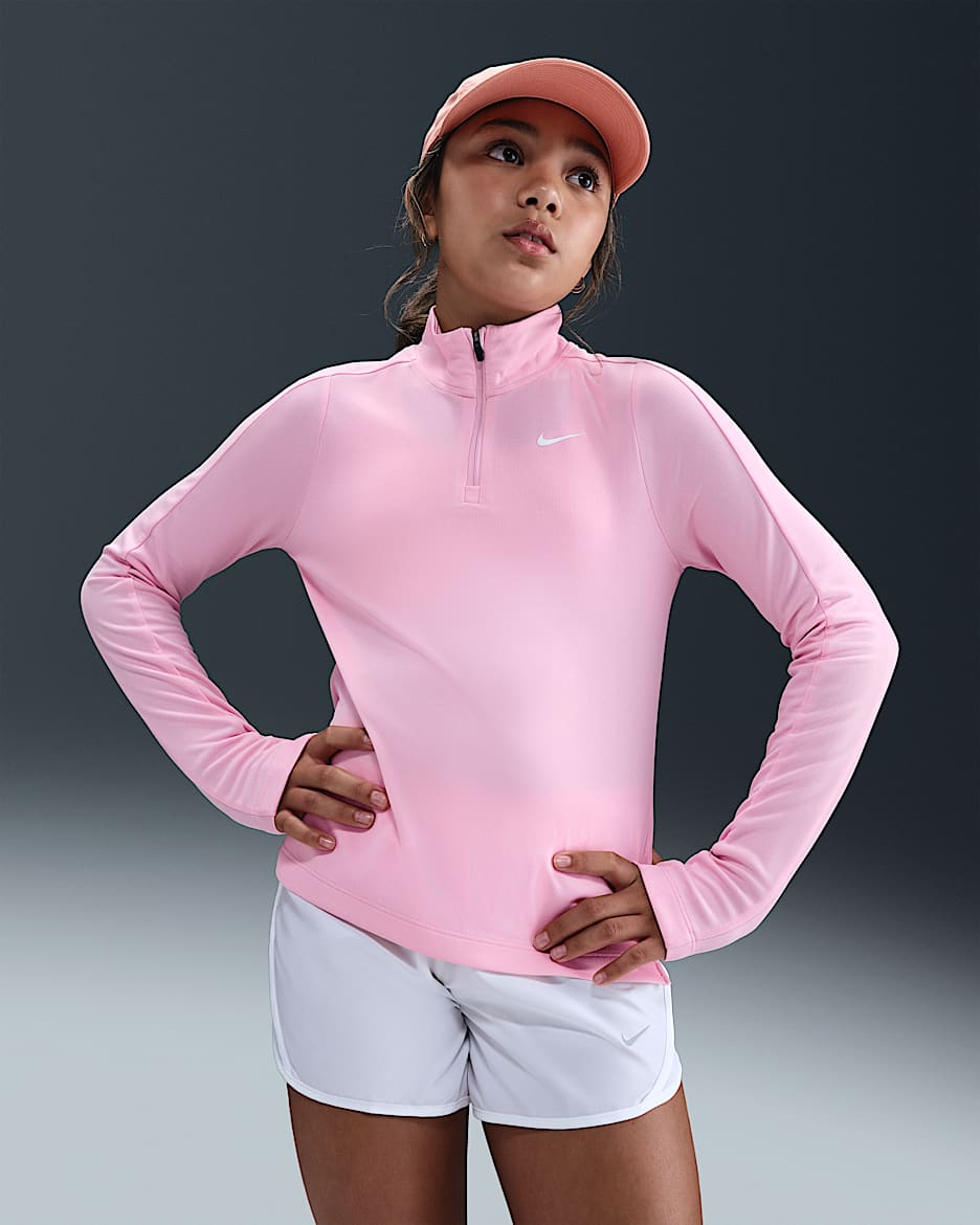 Haut à manches longues et 1/4 de zip Dri-FIT Nike pour fille - Medium Soft Pink/Blanc