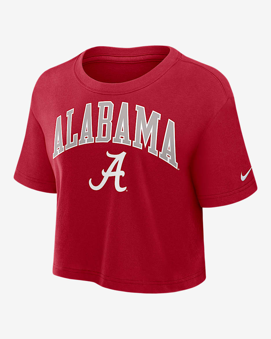 Playera universitaria Nike Dri-FIT cropped para mujer Alabama Athletic Prep Arch - Carmesí