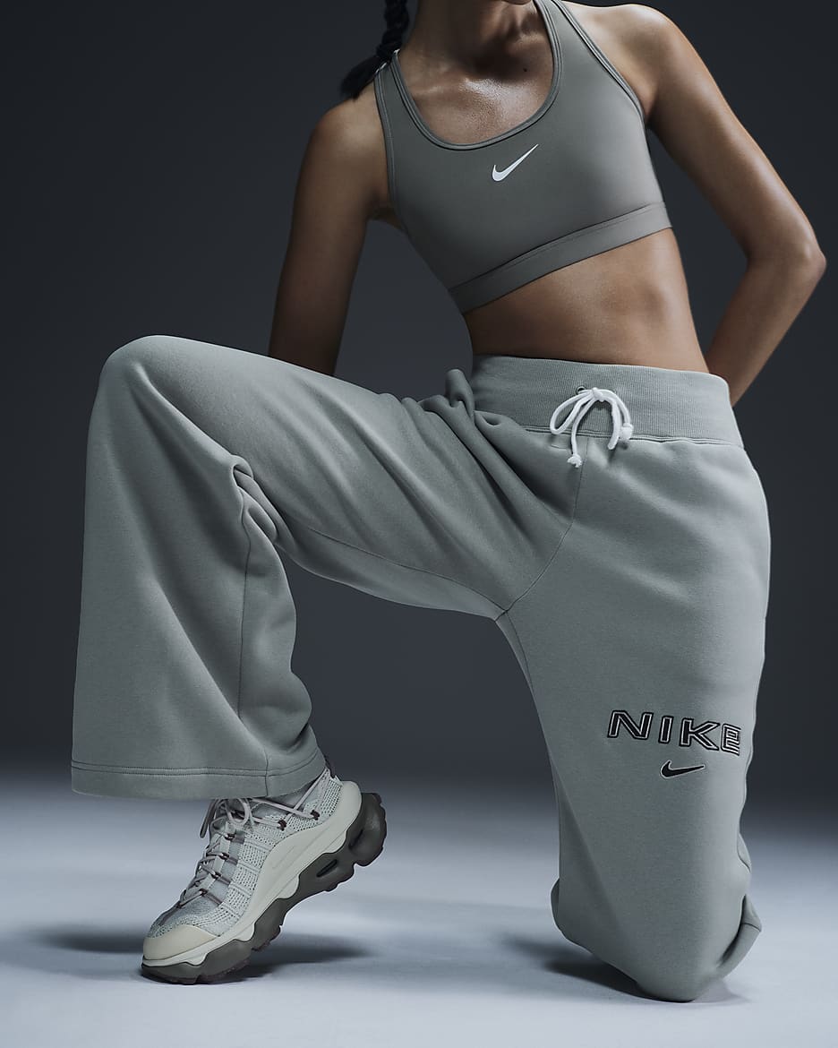 Pantaloni palazzo a vita alta con logo Nike Sportswear Phoenix Fleece – Donna - Jade Horizon