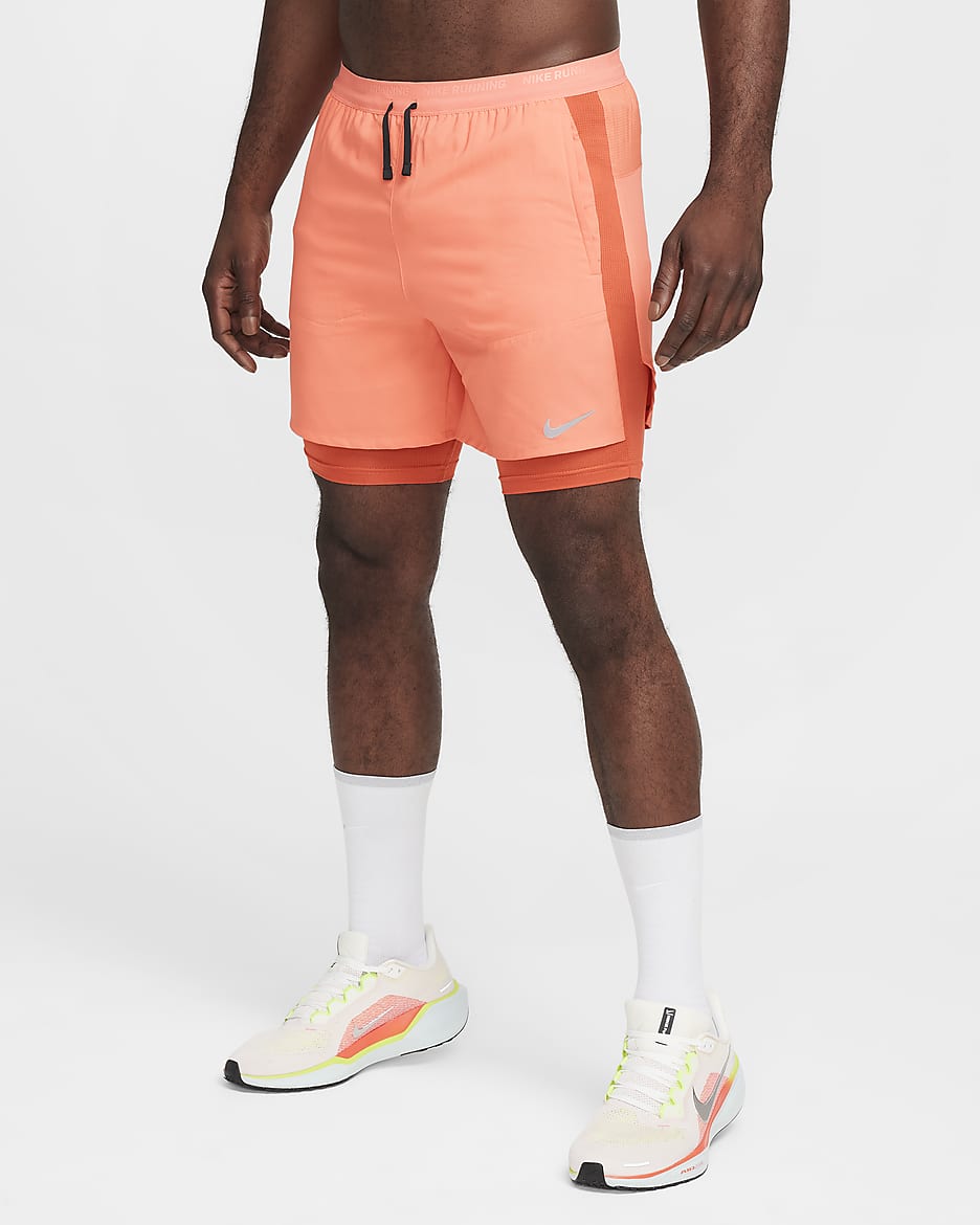 Nike Stride Men's Dri-FIT 13cm (approx.) Hybrid Running Shorts - Light Wild Mango/Vintage Coral/Black