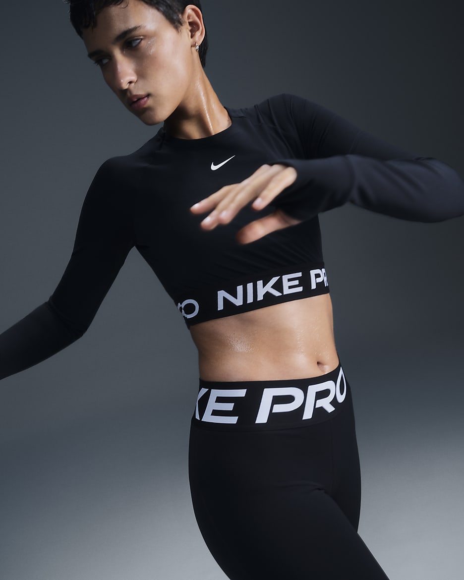Haut court à manches longues Dri-FIT Nike Pro pour femme - Noir/Blanc