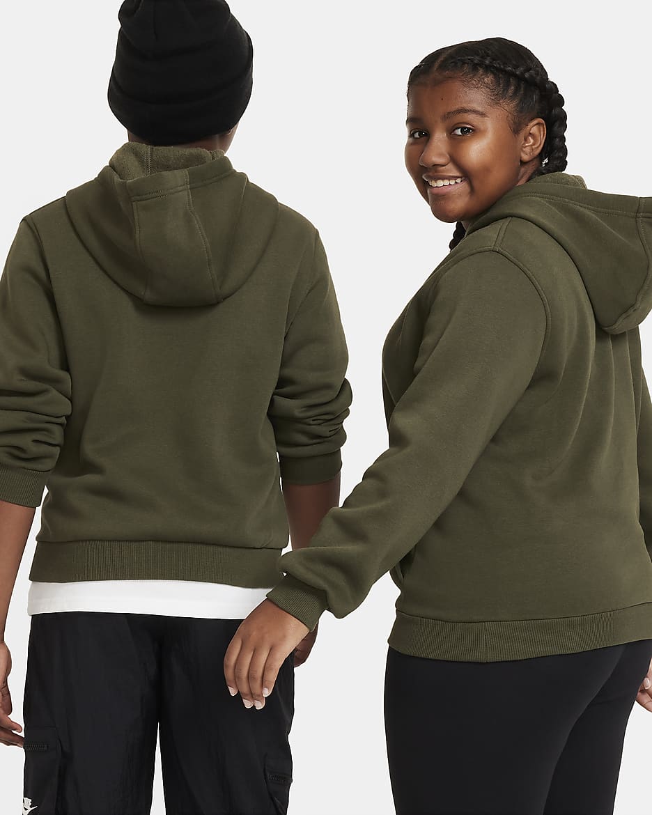 Nike Sportswear Club Fleece Big Kids' Pullover Hoodie (Extended Size) - Cargo Khaki/White