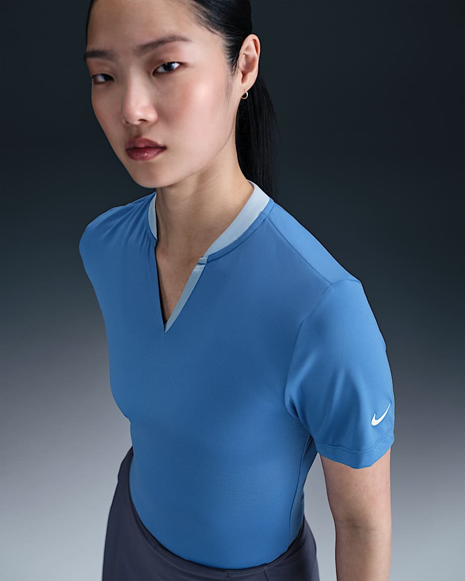 Polo de golf de manga corta Dri-FIT Blade para mujer Nike Tour - Estrella azul/Azul psíquico/Blanco