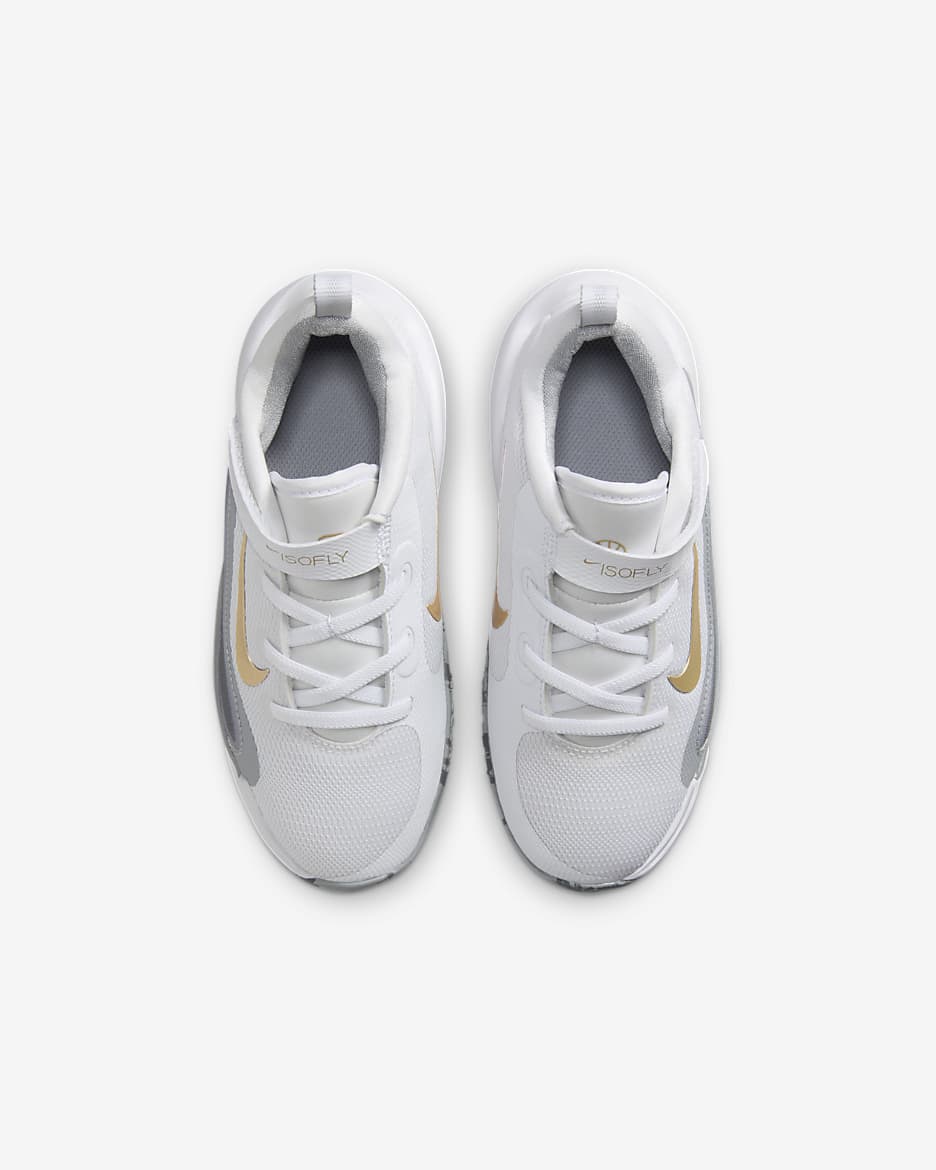 Tenis para niños de preescolar Nike IsoFly - Blanco/Gris azulado/Gris lobo/Estrella de oro metálico