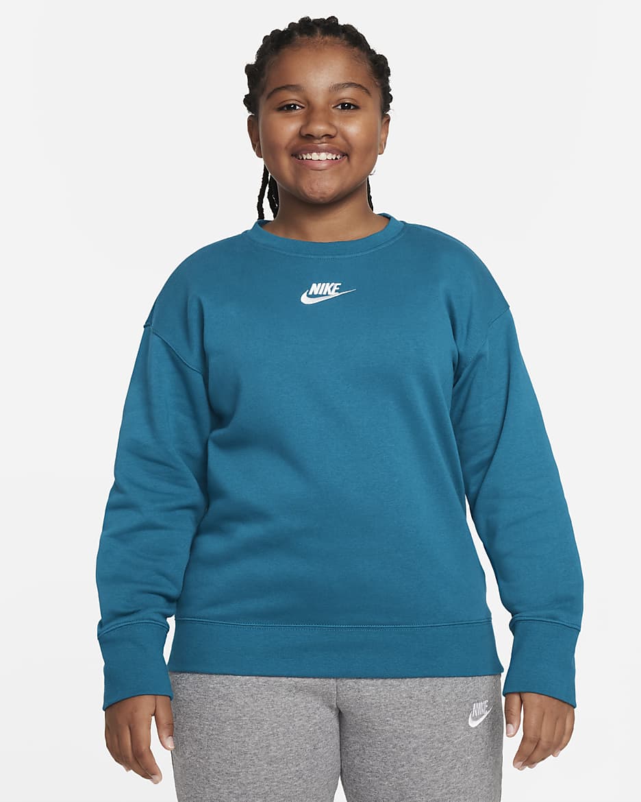 Nike Sportswear Club Fleece Big Kids' (Girls') Crew (Extended Size) - Bright Spruce/White