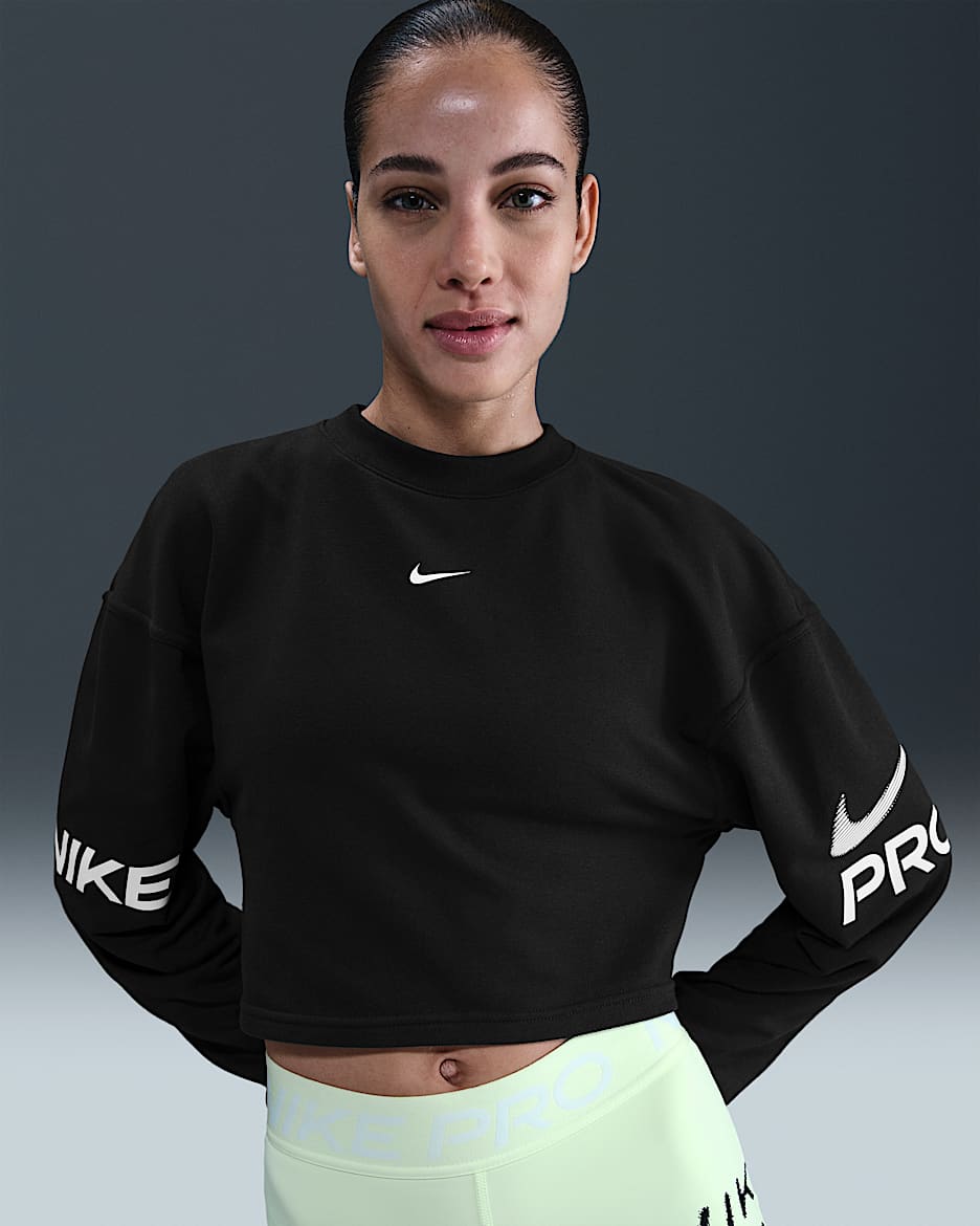 Sudadera de cuello redondo de tejido French Terry Dri-FIT holgada para mujer Nike Pro - Negro/Blanco/Blanco