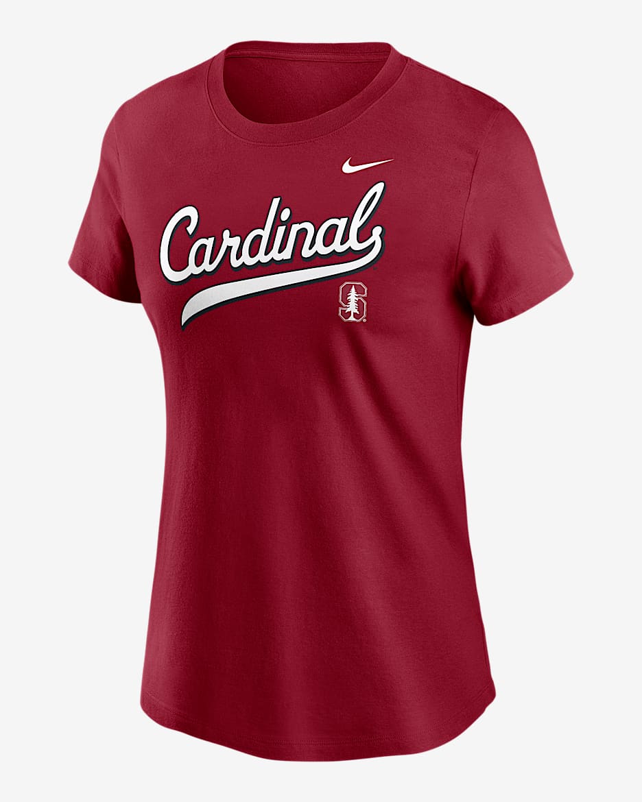 Playera universitaria Nike para mujer Stanford Athletic Prep Arch Local Script - Carmesí