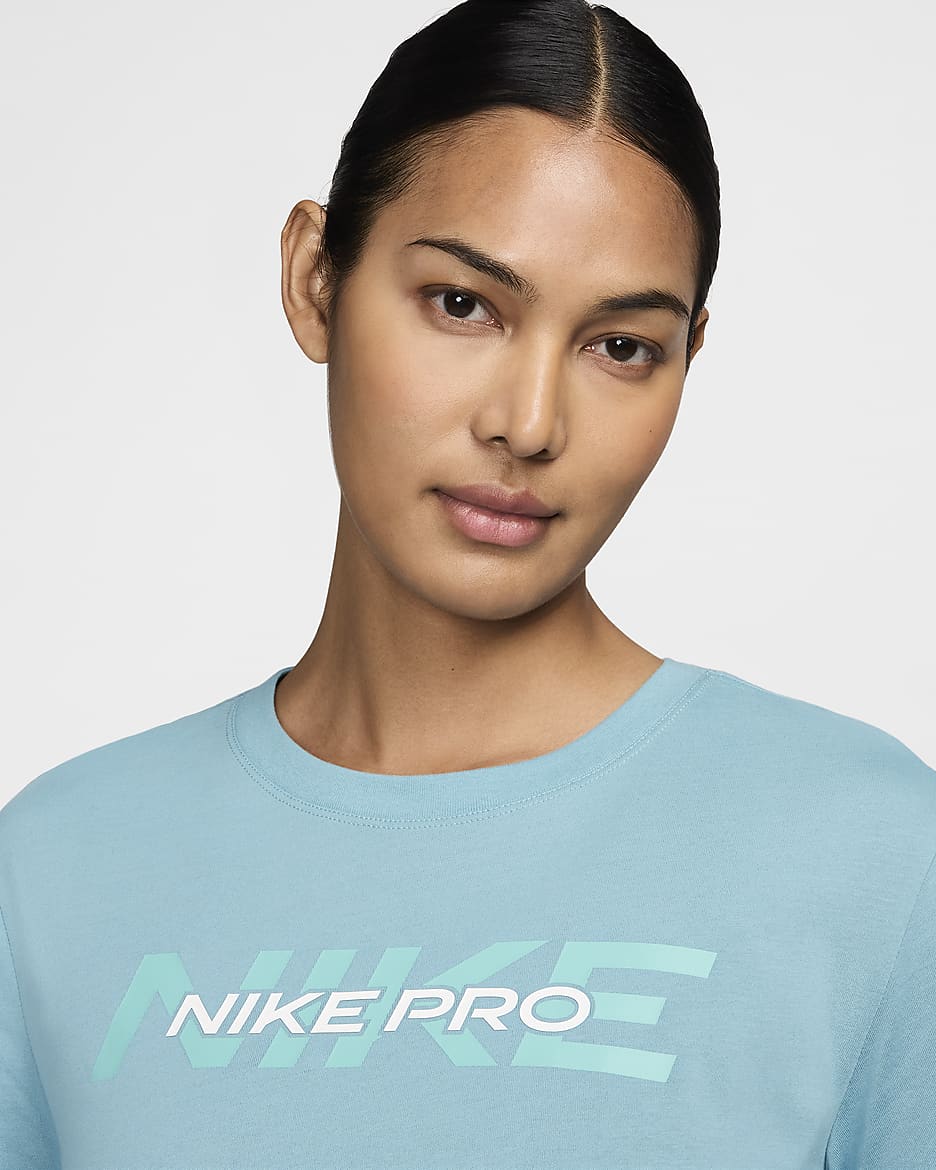 เสื้อยืดเอวลอยแขนสั้นผู้หญิง Nike Pro - Denim Turquoise