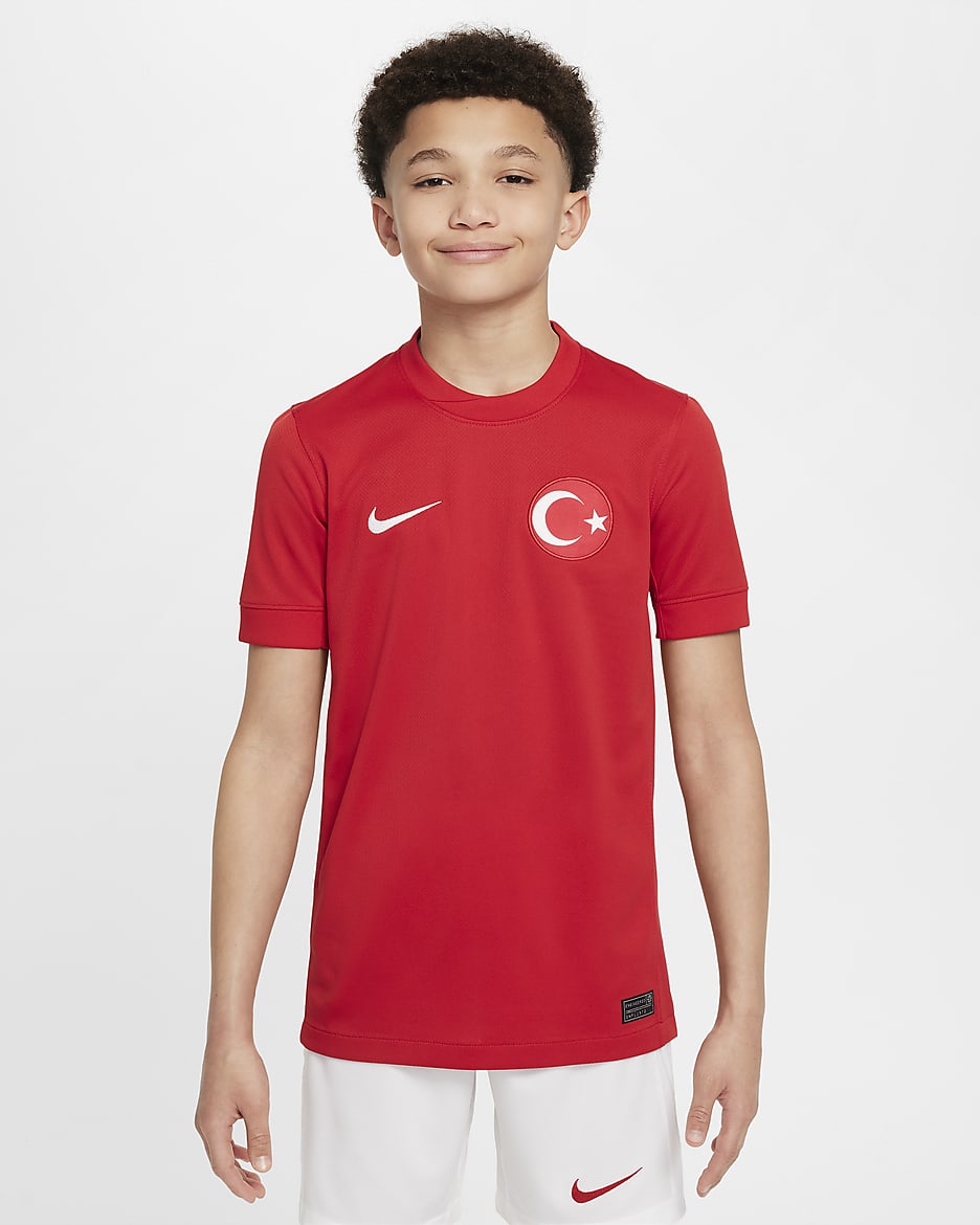 Camisola de futebol de réplica Nike Dri-FIT do equipamento alternativo Stadium Turquia 2024/25 Júnior - Vermelho Sport/Vermelho Sport/Branco