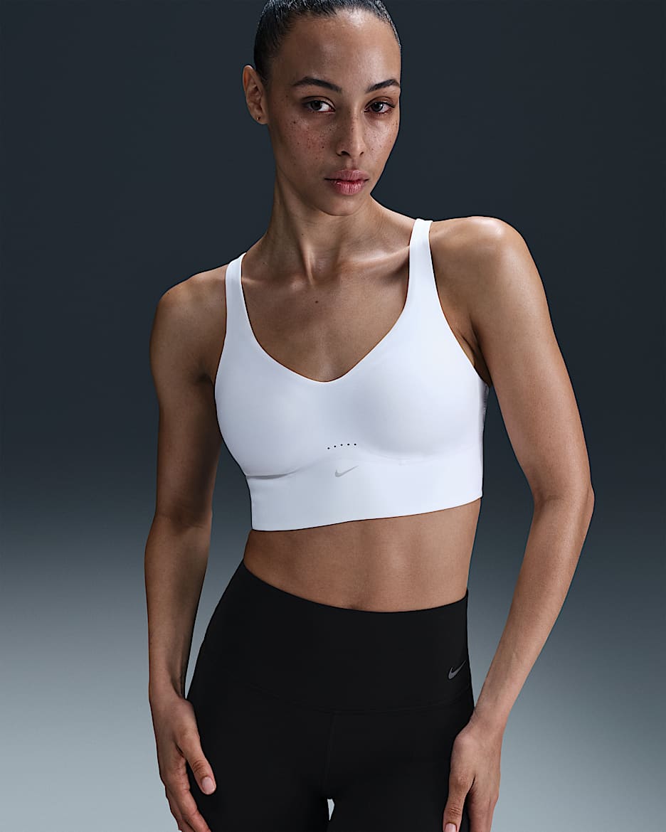 Bra deportivo de talle largo con almohadillas para mujer Nike Alate - Blanco/Gris azulado