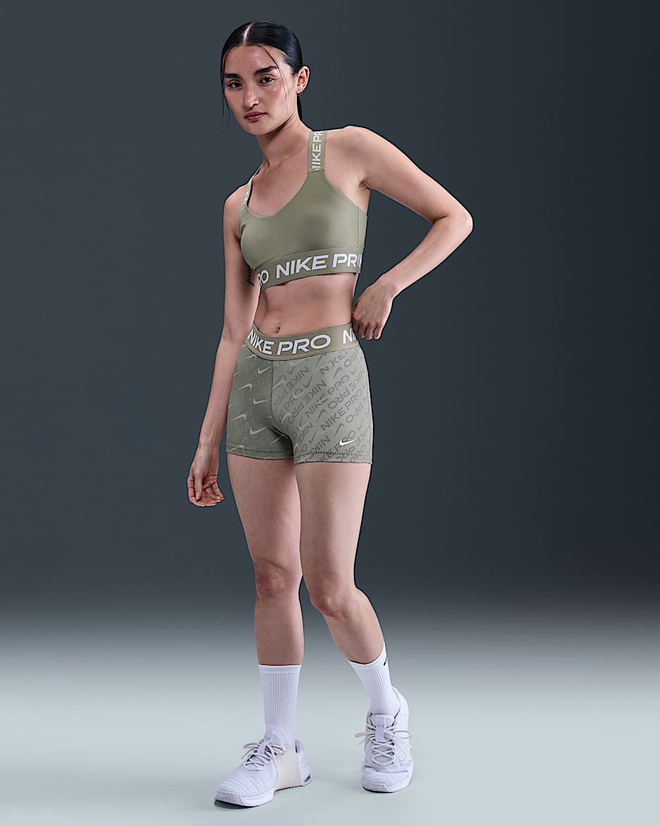Calções tipo ciclista estampados de 8 cm com cintura normal Nike Pro para mulher - Light Army/Caqui Cargo/Branco