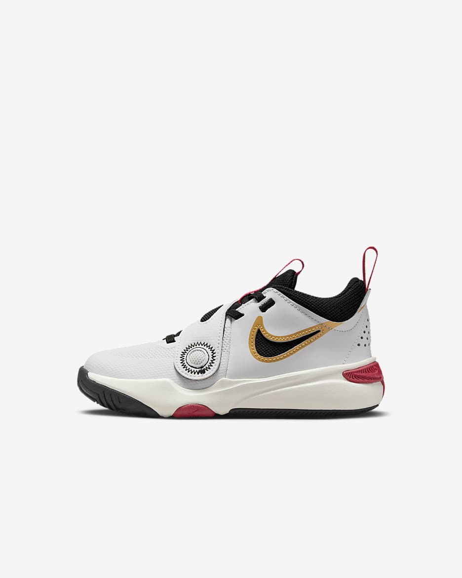 Nike Team Hustle D 11 Younger Kids' Shoes - White/Metallic Gold/University Red/Black