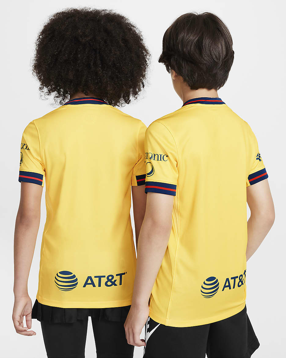 Jersey de fútbol tipo réplica Nike Dri-FIT para niño talla grande Club América 2024/25 Stadium Home - Amarillo tour/Azul valeriana