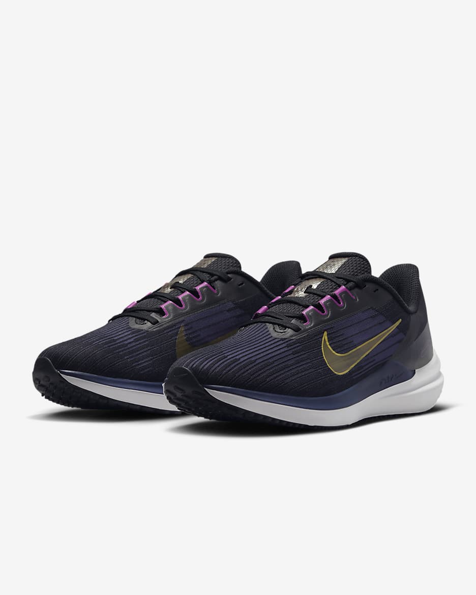 Nike Winflo 9 Men's Road Running Shoes - Black/Blackened Blue/Cave Purple/Gold Suede