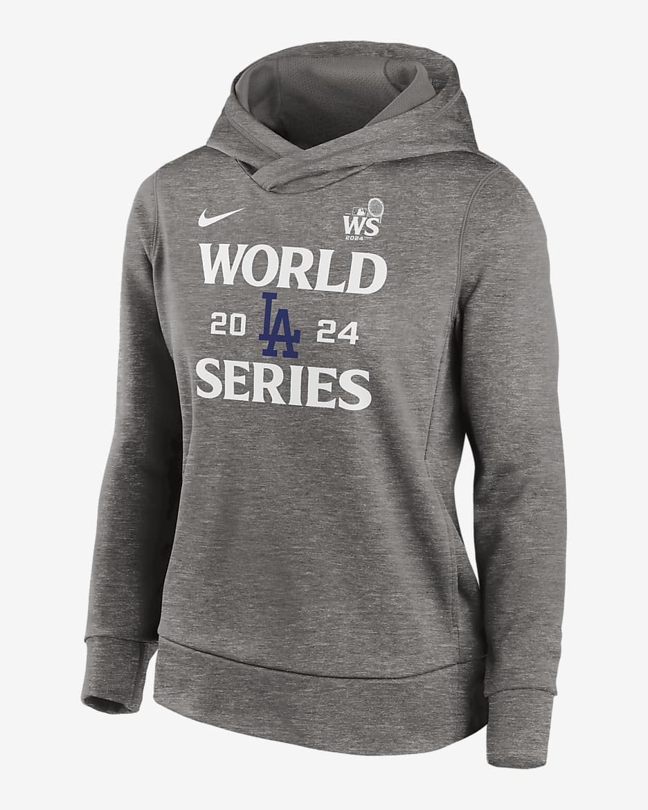 Los Angeles Dodgers 2024 World Series Authentic Collection Women’s Nike Therma MLB Pullover Hoodie - Grey Heather