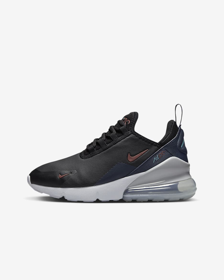 Tenis para niños grandes Nike Air Max 270 - Negro/Trueno azul/Gris lobo/Poni oscuro