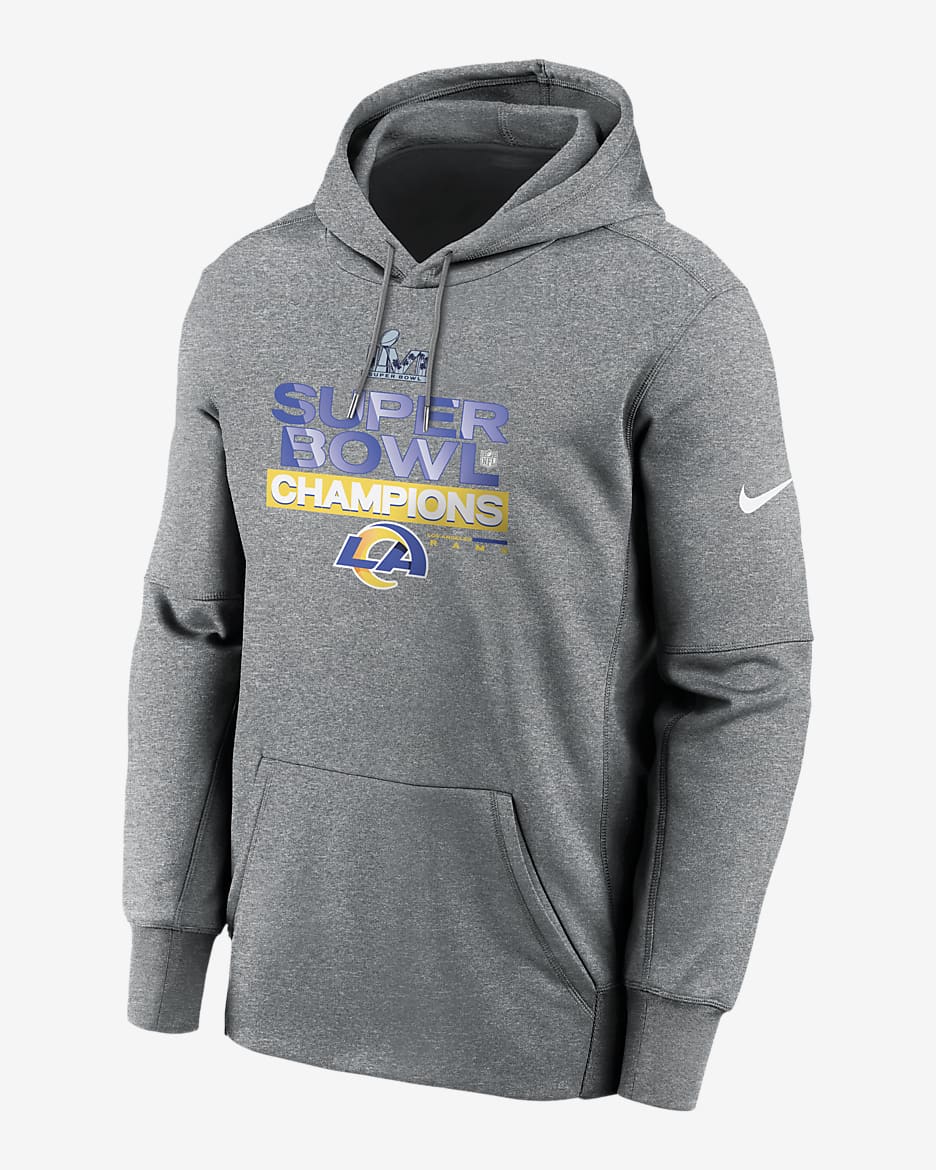 Nike Therma Super Bowl LVI Champions Trophy Collection (NFL Los Angeles Rams) Men's Pullover Hoodie - Charcoal Heather