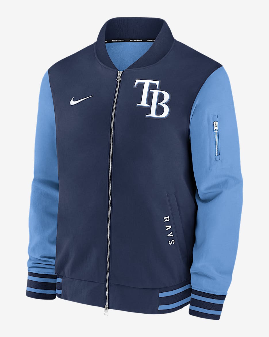 Chamarra bomber Nike de la MLB de cierre completo para hombre Tampa Bay Rays Authentic Collection Dugout - Azul marino medianoche