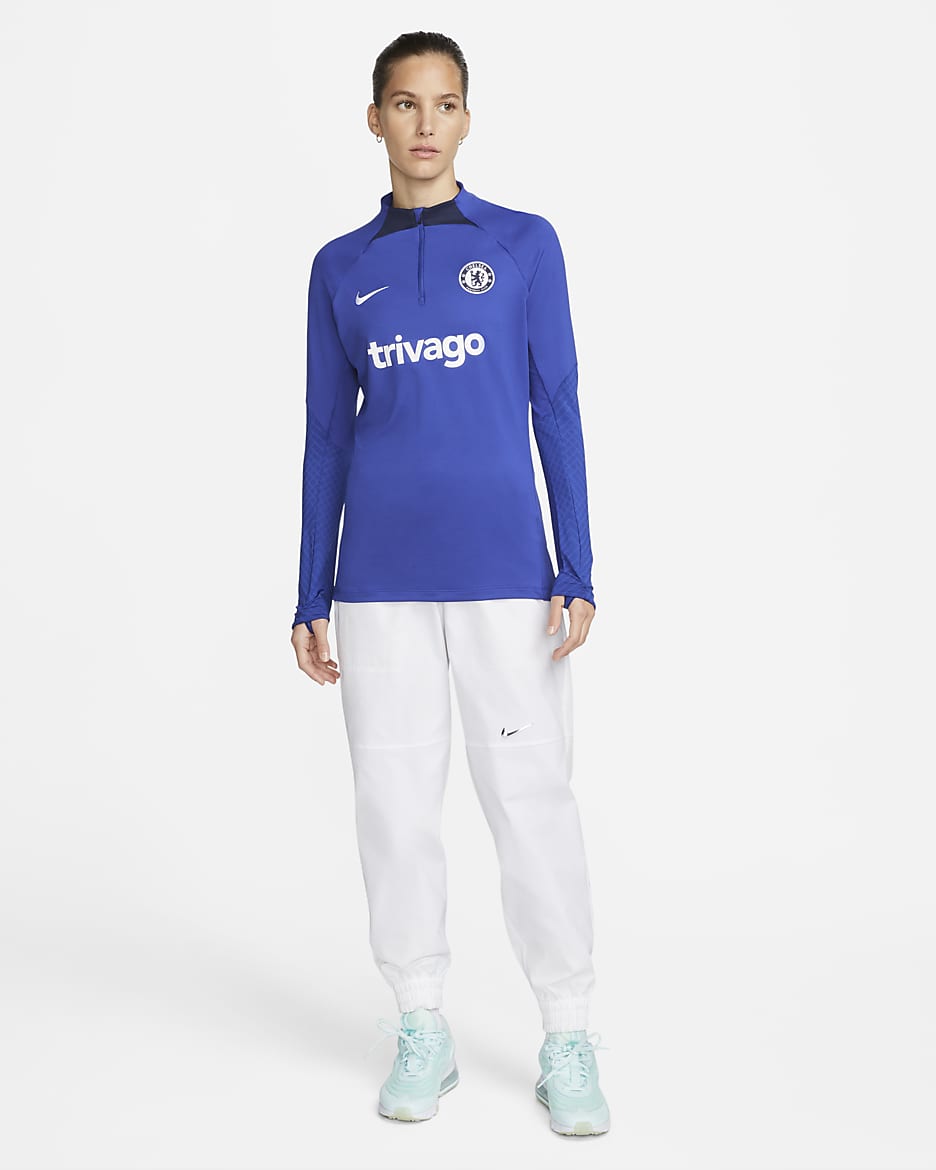 Camiseta de entrenamiento de fútbol Nike Dri-FIT para mujer Chelsea FC Strike - Azul enérgico/Azul marino universitario/Blanco