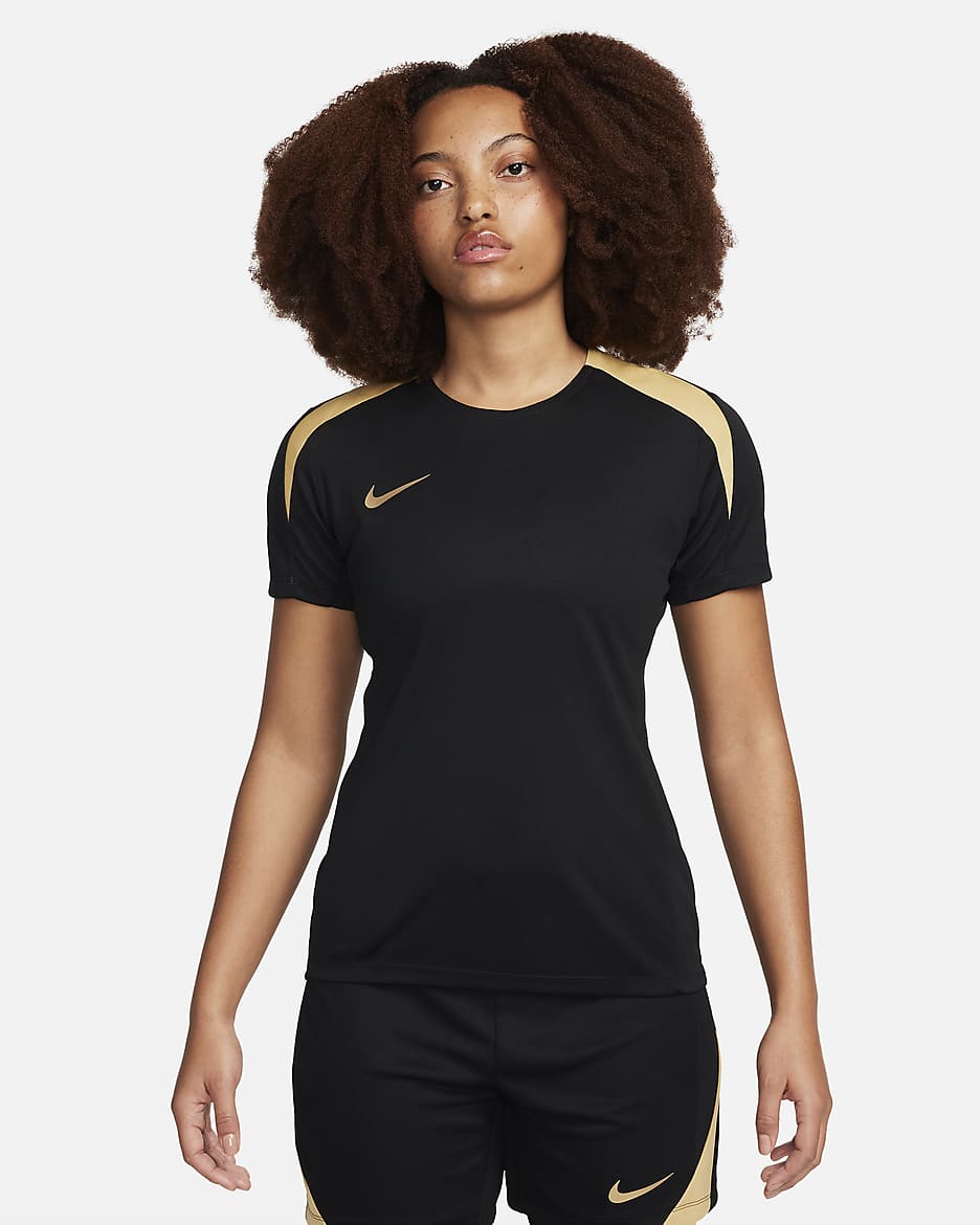 Damska koszulka piłkarska z krótkim rękawem Dri-FIT Nike Strike - Czerń/Jersey Gold/Metallic Gold