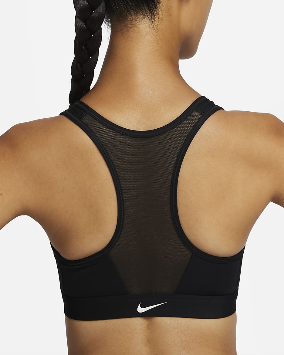 สปอร์ตบราซัพพอร์ตระดับกลางเสริมฟองน้ำซิปหน้าผู้หญิง Nike Swoosh - ดำ/ดำ/ขาว